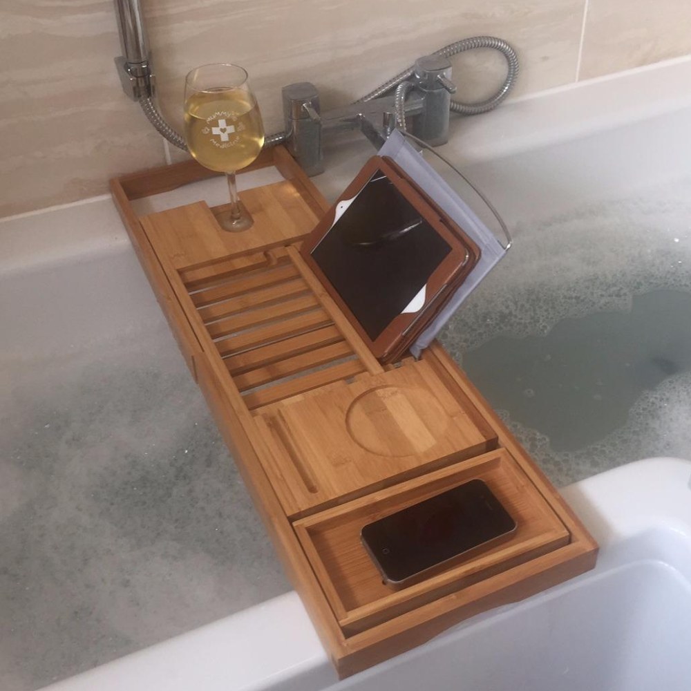 buy natural bamboo bath caddy bridge wine glass holder