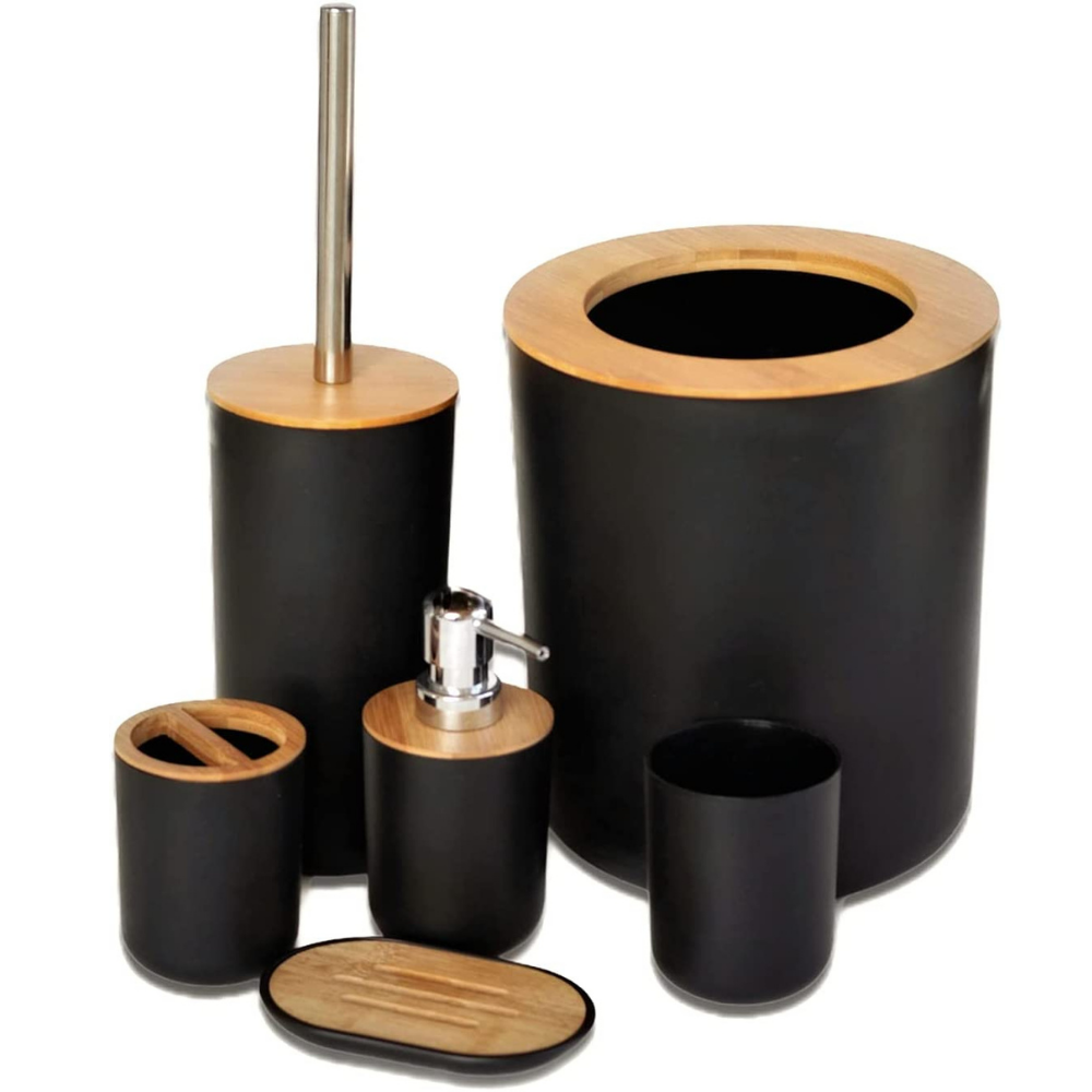 A six piece bamboo and plastic bathroom accessories set on a vanity